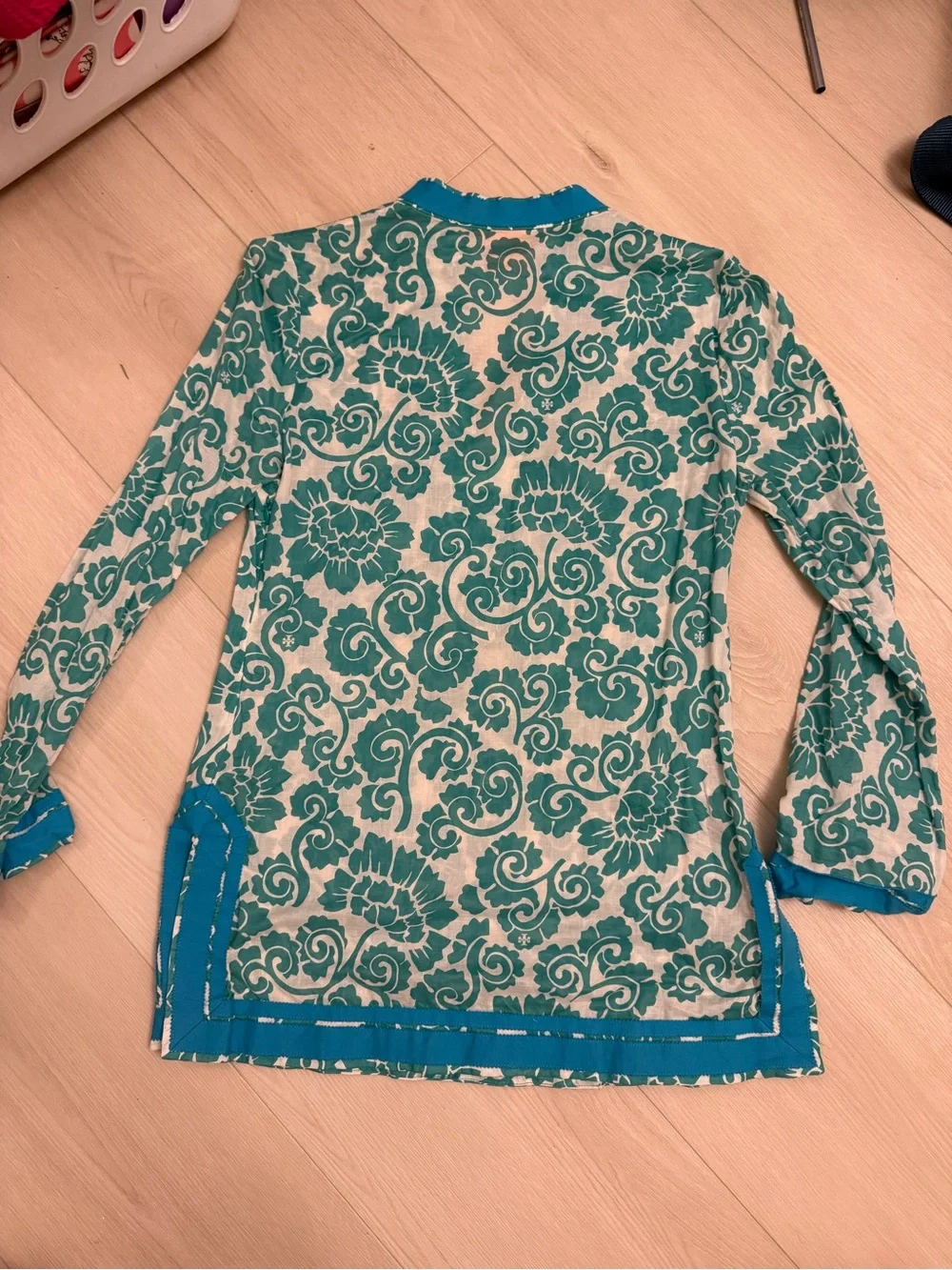 Tory Burch Teal Floral Long Sleeve Tunic